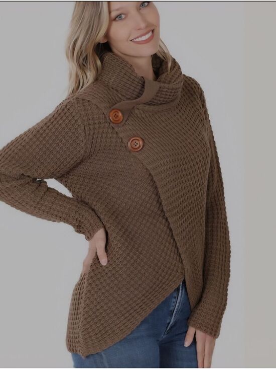 Zenana Outfitters Sweaters - Zenana Wrap Asymmetrical Hem Sweater – Statement Cozy Vibes | Brown